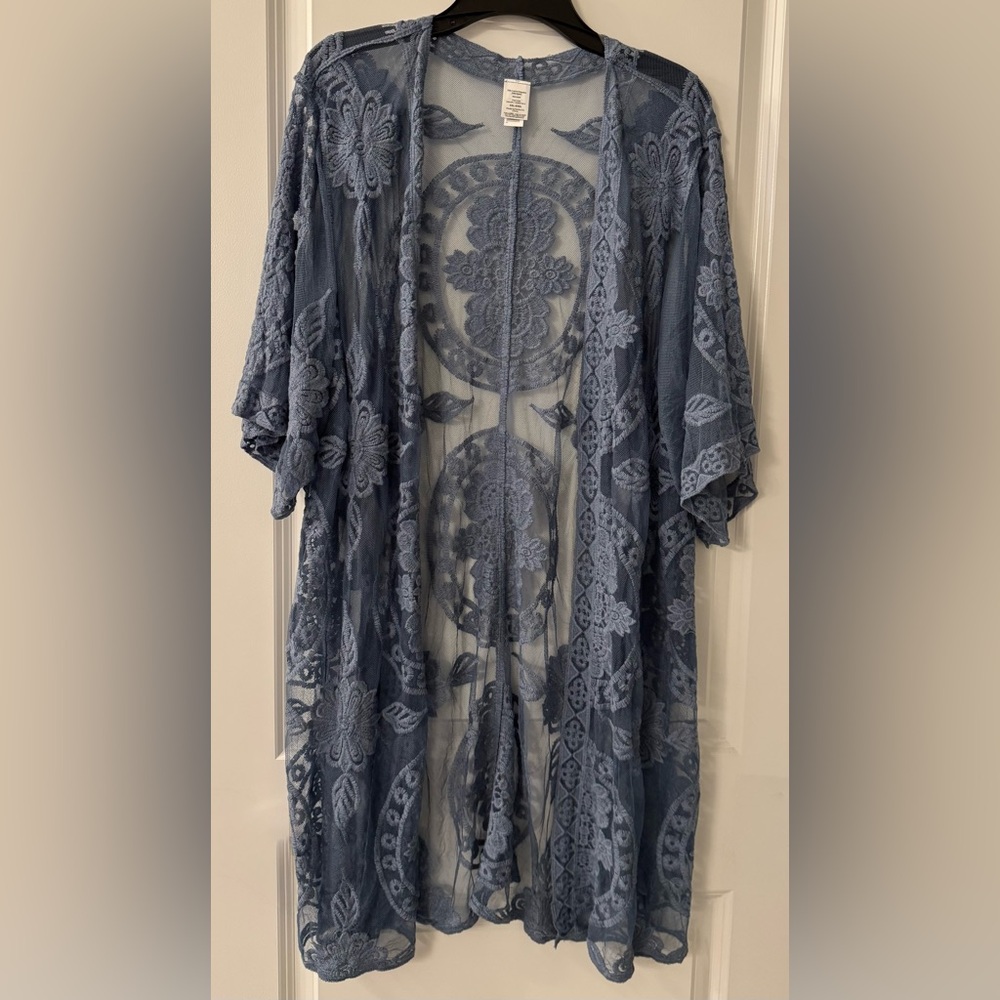 #x356 - Dusky Blue Medallion Floral Lace Kimono Open Front Cardigan Sheer